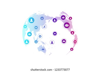 Social media network and marketing concept on World Map background. Global business concept and internet technology, Analytical networks. Vector illustration.