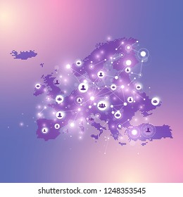 Social media network and marketing concept on dotted Europe Map background. Global business concept and internet technology, Analytical networks. Vector illustration.