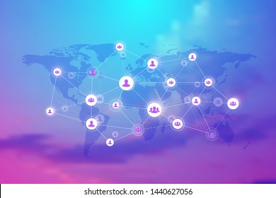 Social media network and marketing concept on World Map background. Global business concept and internet technology, Analytical networks. Vector illustration