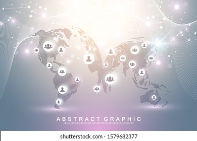 Social media network and marketing concept on virtual background. Global business and internet technology. Analytical networks. Artificial Intelligence, bionics, robotics, global network, vector.