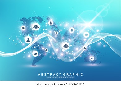 Social media network and marketing concept on World Map background. Global business concept and internet technology, Analytical networks. Vector illustration.