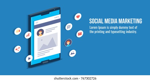 Social media, Social network, marketing, optimization, advertising flat vector 3d style banner with icons