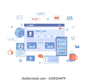 Social media network, online internet communication. Website page social Interface. Mobile and computer user screens, home page. Vector illustration on white background. 