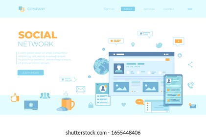 Social media network, online internet communication. Website page social Interface. Mobile and computer user screens, home page.  Can use for web banner, landing page, web template.