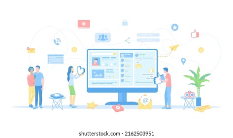 Social Media Network. Online internet communication. Website page social interface, chatting. People watching video and photo in the internet, like and subscribe to profile. Vector illustration