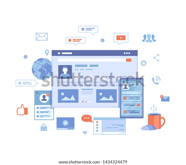 Social media network,\
online internet communication. Website page social Interface.\
Mobile and computer user screens, home page. Vector illustration on\
white background. 