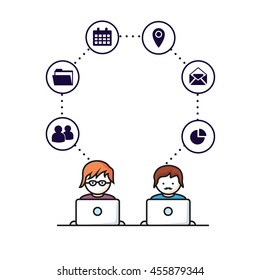 Social Media, network people with computers vector illustration