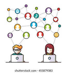 Social Media, network people with computers vector illustration