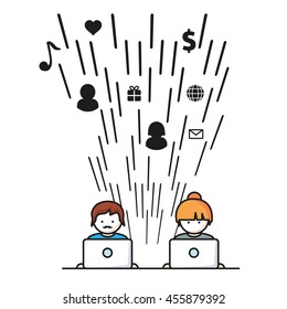 Social Media, network people with computers vector illustration