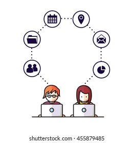 Social Media, network people with computers vector illustration