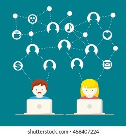 Social Media, network people with computers vector illustration
