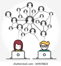 Social Media, network people with computers vector illustration
