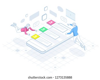 Social media network. People connecting all over the world. People leaving comments and likes for posts. Vector illustration