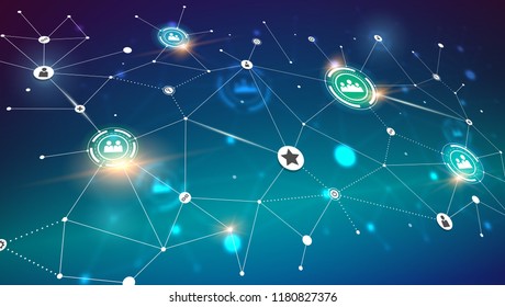 Social media network, perspective view. Concept of communication technology in social network. Global concept of communication symbols for interactive interaction. 3D vector illustration