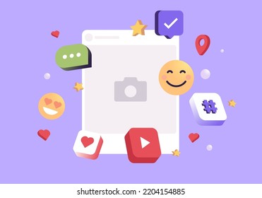 Social media network post surrounded with floating elements on purple background and modern minimal 3d concept flat vector illustration.