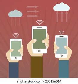 Social media network poster hands holding mobile phone design concept style background