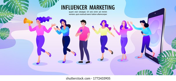 social media or network promotion. influencer marketing concept - blogger promotion services and goods for his followers online. Flat vector illustration.