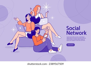 Social media or network promotion. influencer marketing concept - blogger promotion services and goods for his followers online. Woman playing Laptop. Creative Social Networking concept Vector Design.