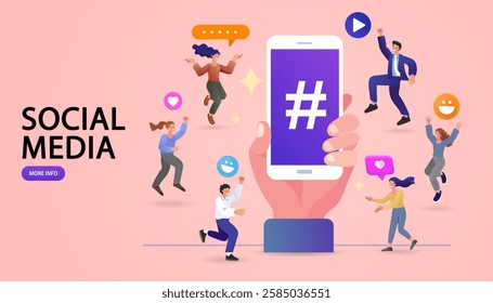 Social media or network promotion. vector illustration of a woman using a mobile phone, hashtag post viral web network media tag marketing trending speech bubble blogging blog website strategy concept