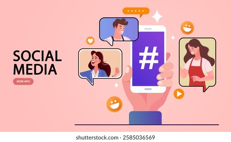 Social media or network promotion. vector illustration of a woman using a mobile phone, hashtag post viral web network media tag marketing trending speech bubble blogging blog website strategy concept