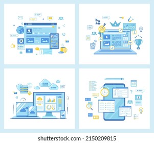 Social media network. Quality content, management, optimization. Cloud technology, data center connection, hosting, database. Online Survey. Set of flat vector illustrations. Concept for websites.