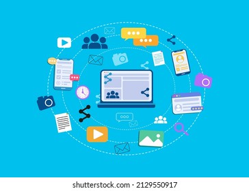 social media network set, communication design flats, technology illustration design
