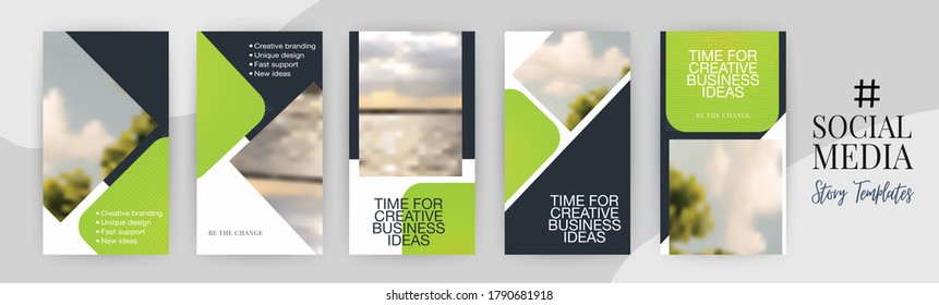 Social Media Network Stories template set. Vertical banner background. Mobile screen app photo frame design. Green style vector layout.