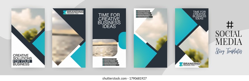 Social Media Network Stories template set. Vertical banner background. Mobile screen app photo frame design. Blue style vector layout.