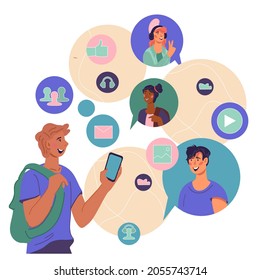 Social media network and teamwork, internet  communications concept with cartoon characters. People discuss news, chatting and messaging. Banner with dialogue speech bubbles, flat vector illustration.