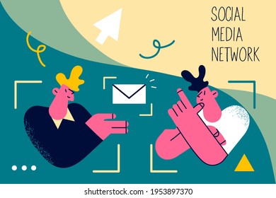Social media network technology, communication concept. Two smiling men cartoon characters sending letters to each other via emails and social media with lettering vector illustration 