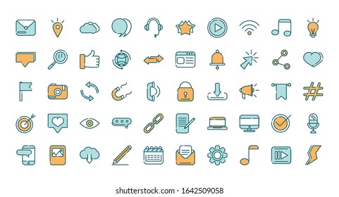 social media network technology multimedia line and fill vector illustration