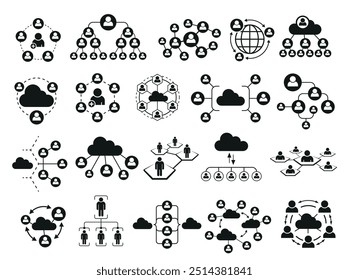 Ilustración plana de Vector de conjunto de iconos minimalistas negros de la comunidad del ciberespacio del usuario de la red de medios sociales. Esquema de interacción de tecnología de Enlace de almacenamiento de datos en la nube global de comunicación de plataforma de perfil de Internet