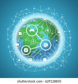 Social media network vector concept. Abstract communication scheme on the Earth