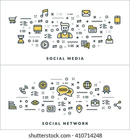 Social Media and Social Network. Vector Flat Thin Line Illustration for Website Banner or Header. Flat Line Icons and Geometric Design Elements