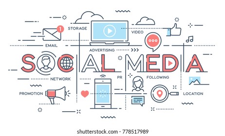 Social media, network, video, marketing thin line concept. Vector illustration. Editable stroke.