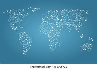 Social media network. World map with nodes linked by lines.