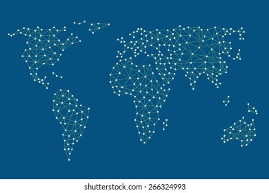 Social media network. World map with nodes linked by lines.