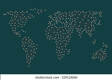 Social media network. World map with nodes linked by lines.