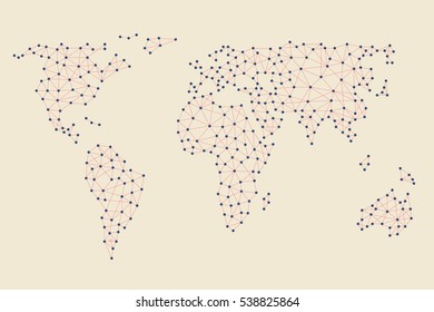 Social media network. World map with nodes linked by lines.