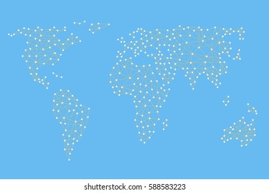 Social media network. World map with nodes linked by lines.