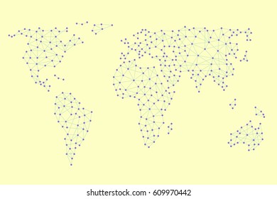 Social media network. World map with nodes linked by lines.