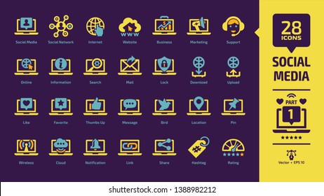 Social media network yellow icon set part 1 on a violet background with global internet web site, digital business and marketing technology, message, share, like & favorite, thumbs up glyph sign.
