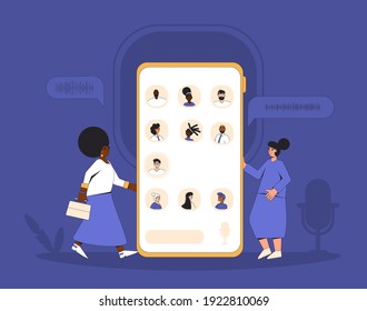 Social media networking app. Audio chat. Talking with friends with voice and phone. Online conference with different people. Vector illustrator.