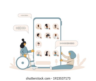 Social media networking app. Audio chat. Talking with friends with voice and phone. Online conference with different people. Vector illustrator.