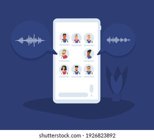 Aplicación de redes sociales. Charla de audio. Hablando con amigos con voz y teléfono. Conferencia en línea con diferentes personas. Ilustrador de vectores.