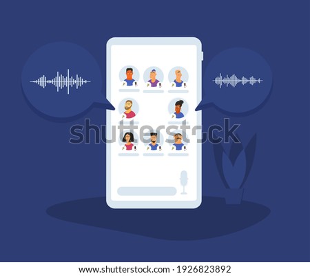 Social media networking app. Audio chat. Talking with friends with voice and phone. Online conference with different people. Vector illustrator.