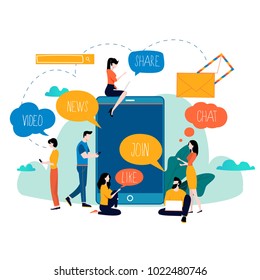 Social Media, Networking, Chatting, Texting, Communication, Online Community, Posts, Comments, News Flat Vector Illustration. People With Speech Bubbles Design For Mobile And Web Graphics