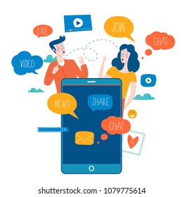 Social Media, Networking, Chatting, Texting, Communication, Online Community, Posts, Comments, News Flat Vector Illustration. People With Speech Bubbles. Design For Mobile And Web Graphics