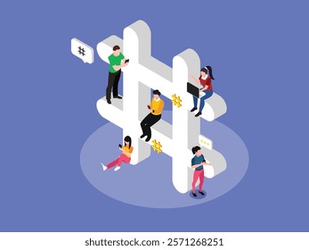 Social Media and Networking Concept with Hashtag Symbol 3d isometric vector illustration