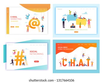 Social Media Networking Concept Landing Page Template Set. People Characters Chat in Social Network Communication Marketing for Website Web Page Banner. Vector illustration